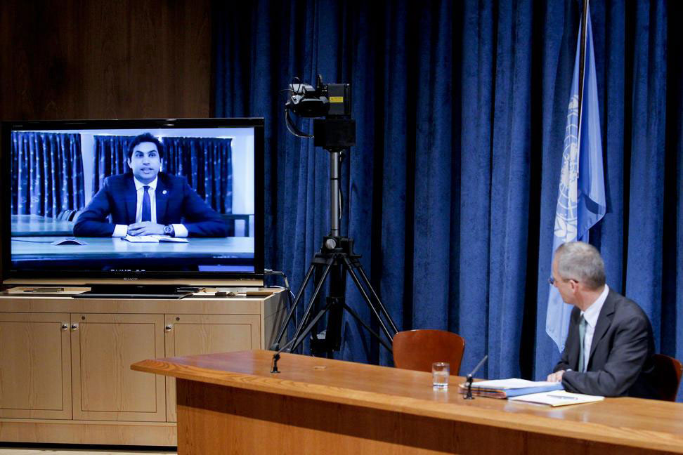 Youth Envoy Ahmad Alhendawi briefs reporters in New York via satellite from Dakar, Senegal.