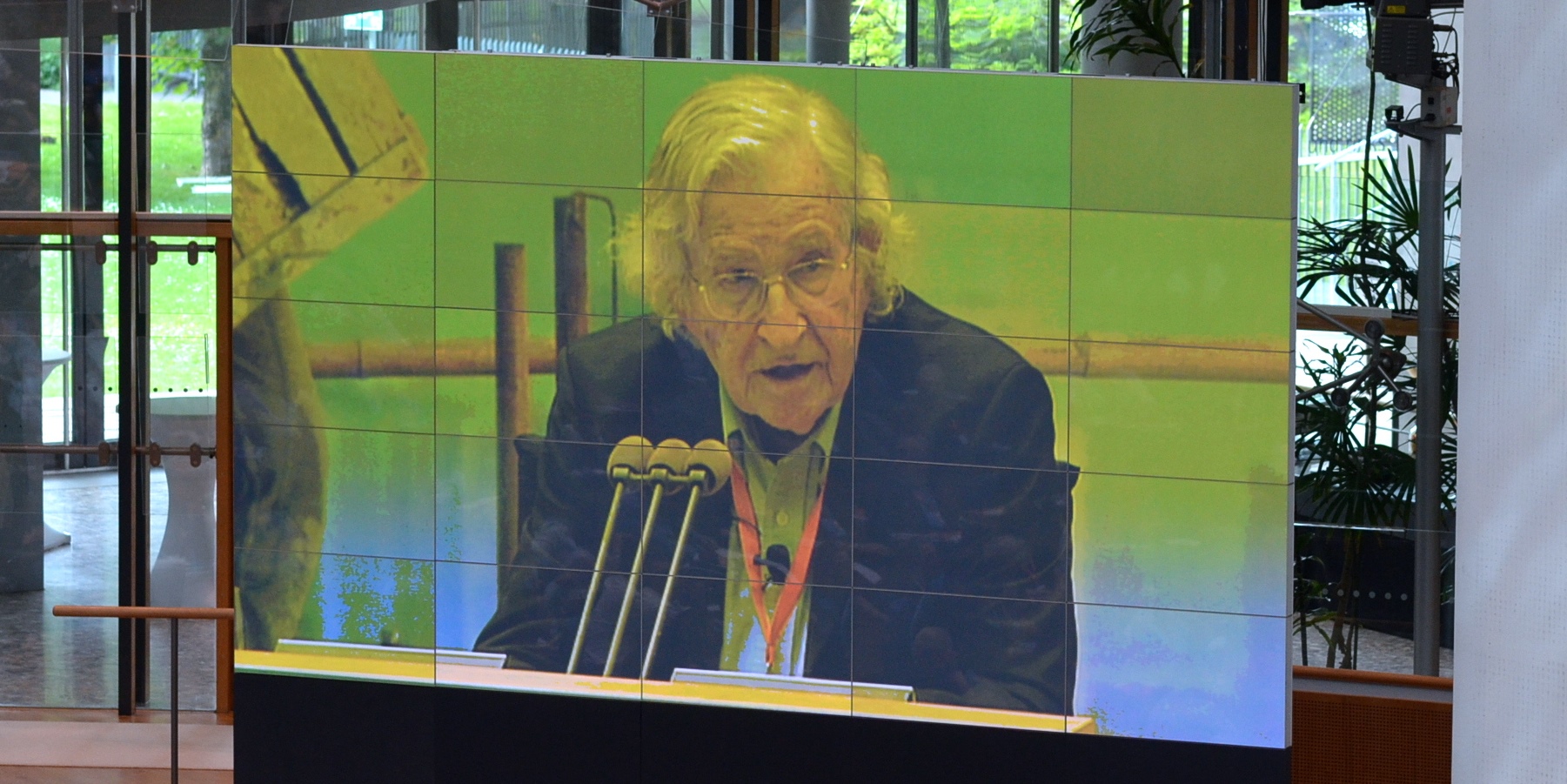 Noam Chomsky broadcast on the big screen at the Global Media Forum, June 2013, Bonn, Germany