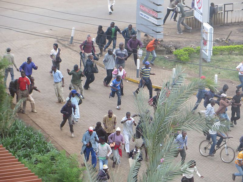 Crowd fleeing sounds of gunfire near Westgate Shopping Mall, Nairobi, Kenya