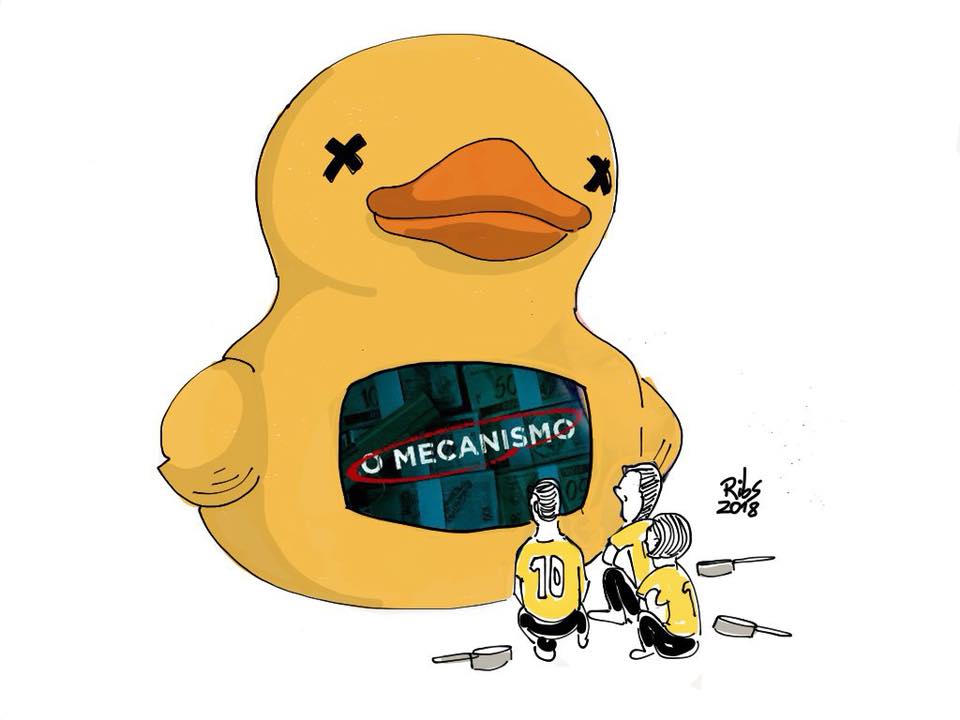 Imagem de um espectador assistindo O Mecanismo. O detalhe é que a tv está em um Pato. 