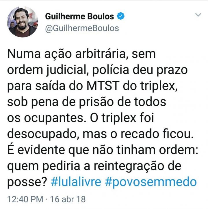 Twitter de Guilherme Boulos. 