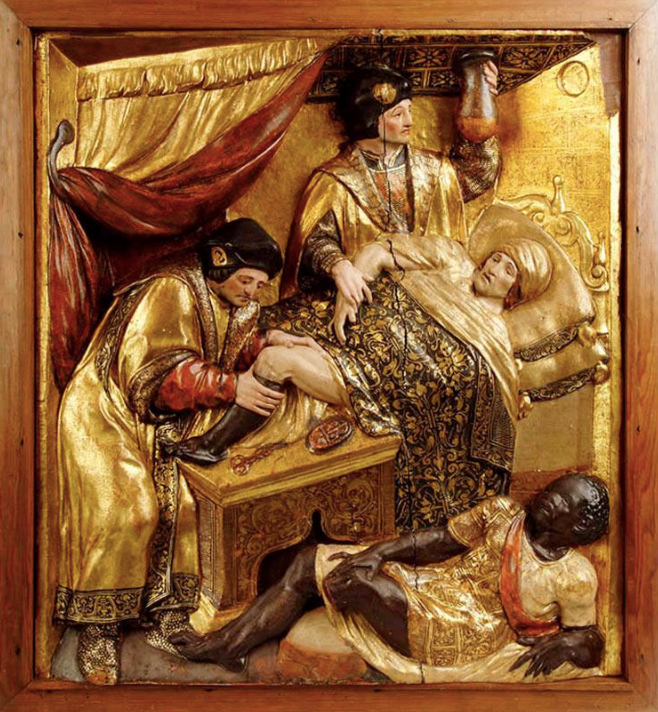 Milagro de San Cosme y San Damián, relieve en madera, atribuido a Isidoro de Villoldo, siglo XVI. Museo Nacional de Escultura de Valladolid.