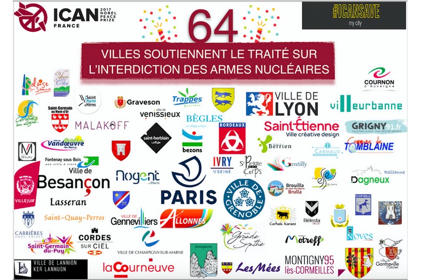Les 64 villes françaises signataires du Traité sur l’interdiction des armes nucléaires TIAN