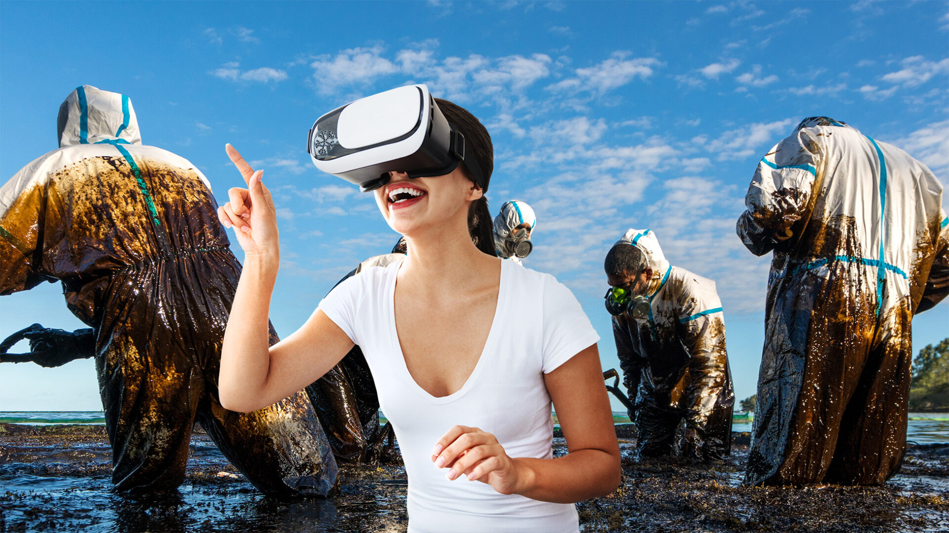 Photo collage showing an excited young woman who is blind because she wears massive "augmented-reality" glasses; in the background is a team of people wearing gas masks and protective clothing while they clean up a beach from an oil spill.