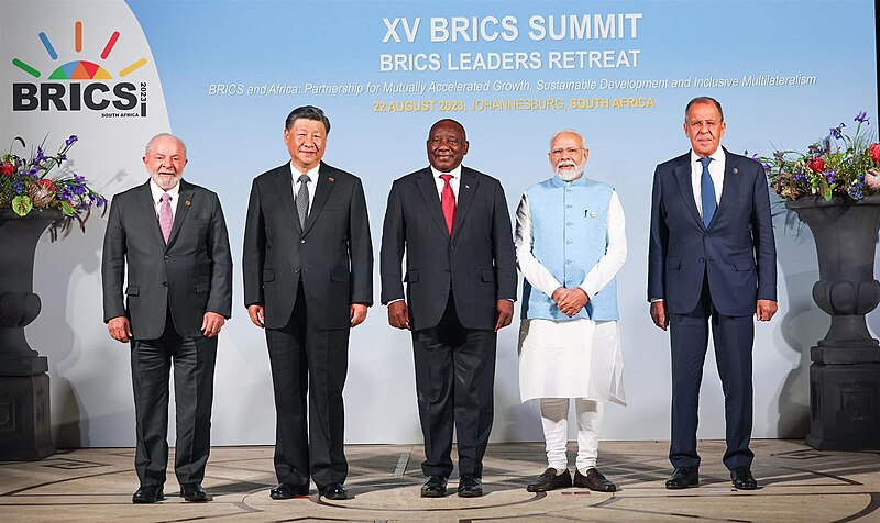 President of Brazil Lula da Silva, President of China Xi Jinping, President of South Africa Cyril Ramaphosa, Prime Minister of India Narendra Modi and Foreign Minister of Russia Sergey Lavrov, in a family photograph during the BRICS Leaders Retreat Meeting, at Johannesburg, in South Africa on August 22, 2023.