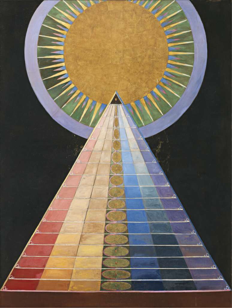 HILMA AF KLINT Retablo, Retablos, Grupo X (Altarbild, Altarbilder, Grupp X), n.º 1, 1915 Óleo y lámina de metal sobre lienzo 237,5 x 179,5 cm Cortesía The Hilma af Klint Foundation, Estocolmo, HaK 187 ©The Hilma af Klint Foundation, Bilbao 2024