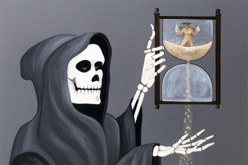 Illustrazione allegorica: una figura scheletrica incappucciata tiene una clessidra con all’interno una colomba alata, simbolo del passaggio tra morte e vita. Immagine ricavata dalla locandina ufficiale dell’evento Arte contro le pene capitali all’ex OPG di Napoli.