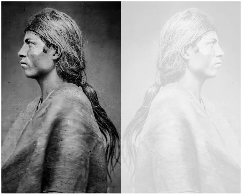 Juego de imágenes basada en una fotografía de Leibniz-Institut für Länderkunde (Leibniz Institute for Regional Geography, IfL) sobre los indios de Otavalo, fechada entre 1870-1874