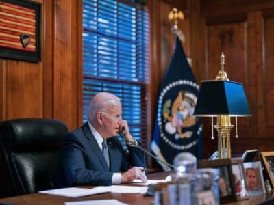 U.S. President Joe Biden speaks on the phone to his Russian counterpart Vladimir Putin, Delaware, Dec. 30, 2021