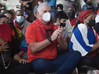 Cuba's President Miguel Diaz-Canel joins a youth sit-in in July 2021.
