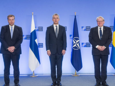 NATO Secretary General meets with Ministers of Defence for Finland and Sweden. l-r Antti Kaikkonen (Minister of Defence, Finland) with NATO Secretary General Jens Stoltenberg and Peter Hultqvist (Minister of Defence, Sweden)