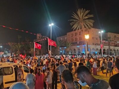 Picture taken on July 25th 2021 in Monastir, Tunisia when people went to the streets to celebrate the president’s decision of freezing the parliament