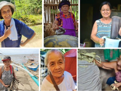 Celebrating the Resilience and Contributions of Milagros’ Older Women. Clockwise: a) Lilia Valladores, 61 y/o, Tigbao’s barangay health worker. b) Marilou Delavin, 65 y/o, producer/seller of carmelado, Bacolod. c) Delia “Agang” Danao, 65 y/o, kapeng barako (Coffea liberica) small-scale entrepreneur, Poblacion West. d) Lucy Reianias, 80 y/o, mat weaver, Calumpang; e) Purita Pacheco, 80 y/o, a seller of binut-ong (Minasbate of coconut glutinous rice delicacy). f) Lucina Ado, 76 y/o, firewood seller and cook of bibingka (coconut rice cake), Poblacion West. Credits: b/c-Katrina Baybayan. a, d, e, f- Genevieve Balance Kupang.