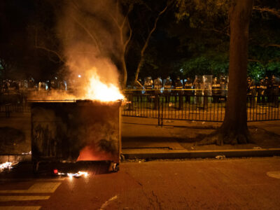 Burning dumpster at George Floyd protests in Washington DC, Lafayette_Square. Wikimedia Commons.