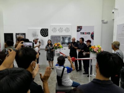 The three artists, Hermisanto, Rosales and Achacruz, during the opening ceremonies of the Tr3IO Exhibition at the Imahika Art Gallery, May 20, 2023. Source: Facebook.com.
