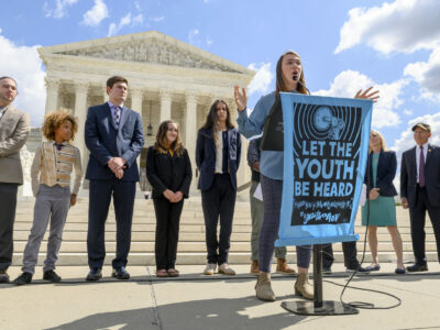 KELSEY JULIANA and her co-plaintiffs in the Juliana v U.S. constitutional climate change lawsuit hold a press in front of the Supreme Courthouse in Washington, D.C. on Tuesday. A large group of activists are in D.C. to speak with their representatives and to take part in demonstrations.