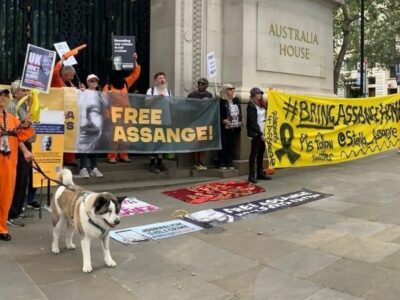 Activists in front of Australia House, London, September 2, 2023.  Photo courtesy of Team Assange London.