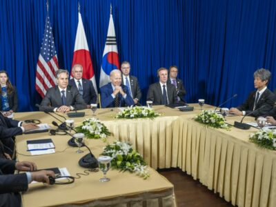 US president Joe Biden, Japanese prime minister Fumio Kishida and South Korean president Yoon Suk-yeol meet on the sidelines of the 2022 ASEAN summit in Phnom Penh. US-led militarism in the Asia-Pacific has once again turned the region into a hotspot in Washington’s new Cold War.