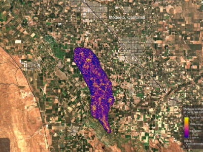 A region of enhanced methane is visible near Modesto, California. This version of the data visualization includes location label.Wikimedia Commons.