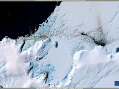 Antarctica’s Larsen C ice shelf threatened by climate change. This image, acquired by one of the two satellites of the Copernicus Sentinel-2 mission on 16 February 2021, shows the northern edge of the Larsen C ice shelf in Antarctica. Wikimedia Commons.