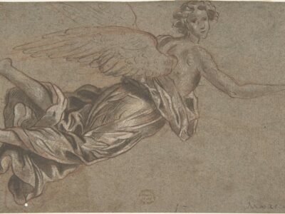 Flying Angel, drawing, anonymous, Italian, 17th century (MET, 87.12.159). Medium Pen and brown ink, brush and brown wash, over red chalk, with white gouache highlighting. On gray-brown paper. Collection Metropolitan Museum of Art. Wikimedia Commons.