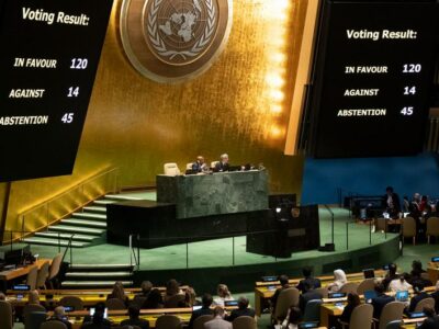 Members of the United Nations General Assembly vote on a resolution at the resumed 10th Emergency Special Session meeting on the situation in the Occupied Palestinian Territory.