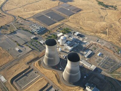 A solar farm surrounds the decommissioned Rancho Seco Nuclear Generating Station near Sacramento, California