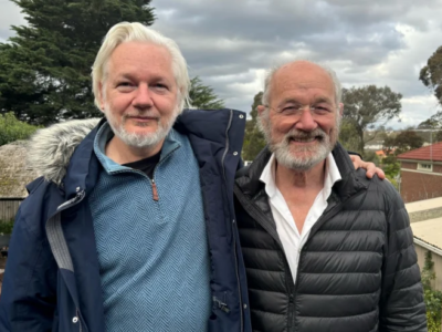 Julian and his father, John Shipton in Melbourne