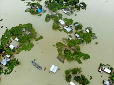 Aerial photo shows flood-affected houses in Faridpur, Bangladesh, July 19, 2020.