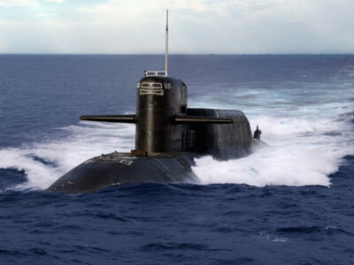 Navel nuclear submarine cruising on open sea