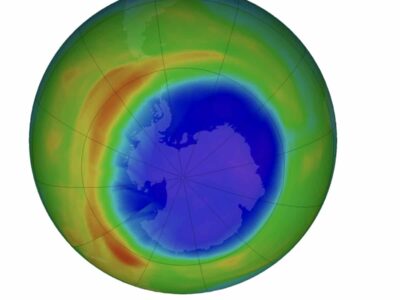 False-color view of total ozone over the Antarctic pole on Sept. 16, 2024. Purple and blue areas show the least ozone; yellow and red areas show more.