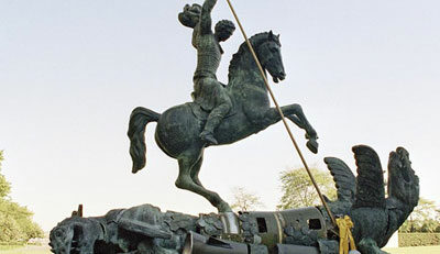 Sculpture depicting St. George slaying the dragon. The dragon is created from fragments of Soviet SS-20 and United States Pershing nuclear missiles.