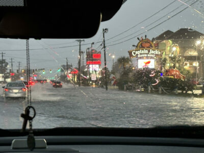 Flooded street on US 17 N in North Myrtle Beach, SC, during Tropical Storm Debby. 6 August 2024. Author: Johnson524. Wikimedia Commons.