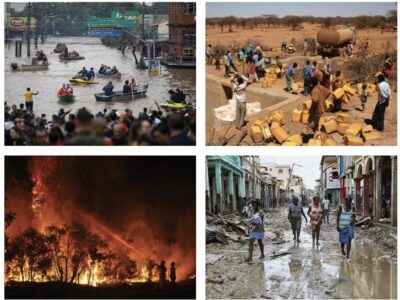 Climate-related disasters shown in the report. Top (L-R): Rescue of people stranded by floods in Canoas, Rio Grande do Sul (Brazil, 2024; Duda Fortes, Agência RBS); “Drought in Ethiopia due to rains unrealised” (Ethiopia, 2011; Oxfam East Africa; CC BY 2.0). Bottom: Firefighters contain a bushfire burning around the town of Aberdare (Australia, 2013; Quarrie Photography, Jeff Walsh, Cass Hodge; CC BY-NC-ND 2.0); The aftermath of Hurricane Matthew (Haiti, 2016; UN Photo / Logan Abassi; CC BY-NC-ND 2.0)