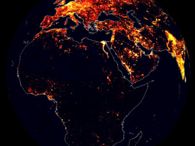 ODIAC- a map of human made carbon dioxide emissions (SVS5121). ODIAC (Open-source Data Inventory for Anthropogenic CO2) map for December 2021. Author: NASA's Scientific Visualization Studio - NASA/GSFC/Mark SubbaRao, ADNET Systems, Inc./Laurence Schuler, ADNET Systems, Inc./Ian Jones, NASA/GSFC/Lesley Ott, USRA/EfSI/Tomohiro Oda. Wikimedia Commons.