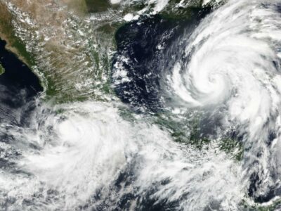 Hurricane Helene and Tropical Storm John together on September 25, 2024. Source: NASA. Wikimedia Commons.