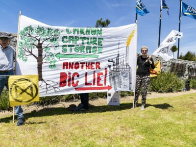 Protest Against Carbon Capture and Storage. An action initiated by the Otway Climate Emergency Action Network (OCEAN) at the CO2CRC AGM and Symposium (Carbon Capture and Storage Conference) in Torquay. Author	Matt Hrkac from Geelong / Melbourne, Australia. Wikimedia Commons.