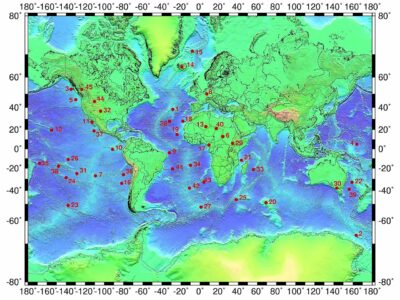 Global distribution of 45 identified hotspots. Author: Ingo Wölbern. Wikimedia Commons.