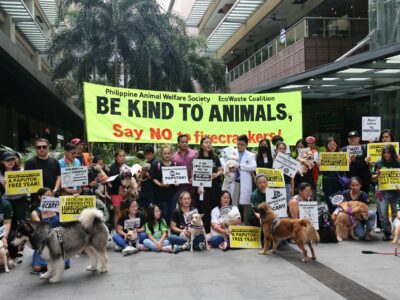 SAY NO TO FIRECRACKERS. The Philippine Animal Welfare Society (PAWS) and the EcoWaste Coalition urge the people to refrain from using firecrackers and fireworks to protect cats and dogs from the deafening noises, blinding lights and noxious fumes, which can cause anxiety, fear and stress to our furry friends.  To hammer home their message, the groups conducted a parade and press conference at Ayala Mall Vertis North a few days before the eve of the New Year.