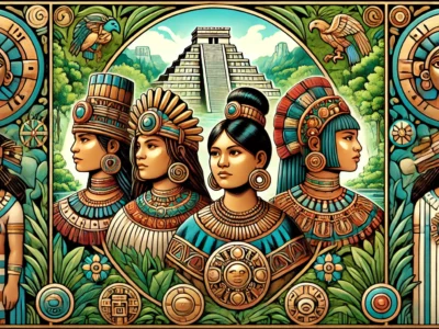 DALL·E 2025-01-02 10.15.52 - An emblem representing the diversity and strength of indigenous cultures, featuring four distinct female figures from different Mesoamerican tradition