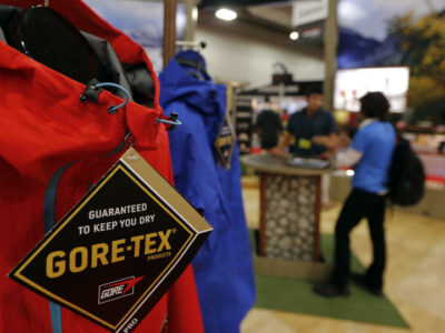 A gore-tex label hanging from clothing in an outdoor store