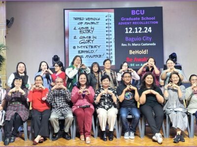 Rev. Fr. Marcial Lloyd "Marcs" Castañeda (8th from left), Ma’am Amalia Ancheta, VP for Finance, Ma’am Michaela Caryll Rillera representing President Dr. Margarita Cecilda Rillera, Dr. Genevieve B. Kupang, Dean of the Graduate School/International Relations Officer, and the GS Faculty pose to capture this moment of gratefulness for 2024 and to celebrate the Advent Season.