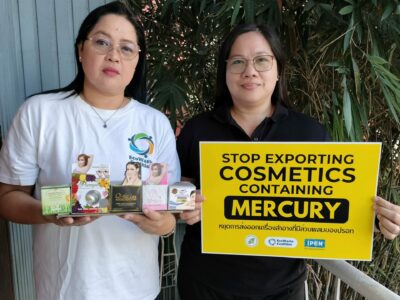 Aileen Lucero of the EcoWaste Coalition shows the 5 skin lightening products found adulterated with mercury, a highly toxic chemical not allowed in such cosmetics.