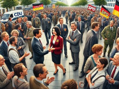 DALL·E 2025-01-28 08.56.41 - A detailed and neutral depiction of a political campaign scene in Germany, focusing on representatives of major parties like CDU_CSU, SPD, and a figur