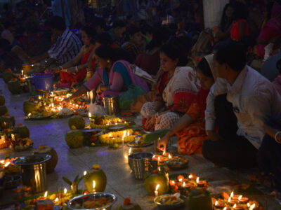 Hundreds of Hindus devotee sits with light candle to celebrate a religious Hindu festival Rakher Upabas at Shamibag Loknath Dham in Dhaka, Bangladesh, On November 14, 2017. Sit in front of candles light and absorb in prayer Lokenath Brahmachari.