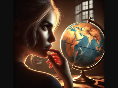 Mulher pensativa sobre o destino do mundo (Imagem por IA, Pressenza)