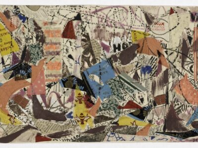 “Street” by Louise Rösler. American soldiers stationed in Germany after World War II dropped candy wrappers in the street in the artist’s small town outside Frankfurt, and she began using them in collage.