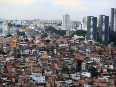 Salvador, Bahia, Brazil - August 29, 2016: Aerial view of dwellings in favela area in Federacao neighborhood in Salvador city.