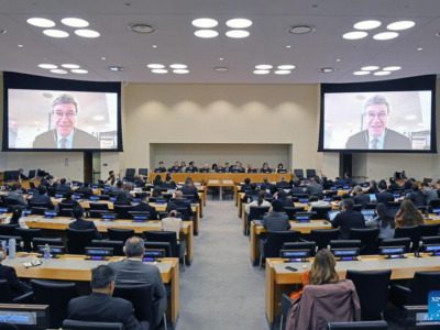 U.S. economist Jeffrey Sachs (on the screens), speaks via video link during a UN event to mark the first anniversary of the International Day for Dialogue Among Civilizations at the UN headquarters in New York, June 9, 2025.
