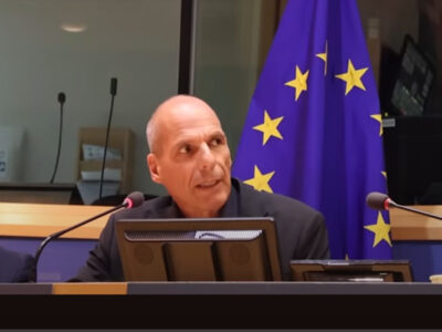 Στιγμιότυπο από την ομιλία του Γιάνη Βαρουφάκη στο Ευρωπαϊκό Κοινοβούλιο από βίντεο που έχει αναρτήσει το Diem25.